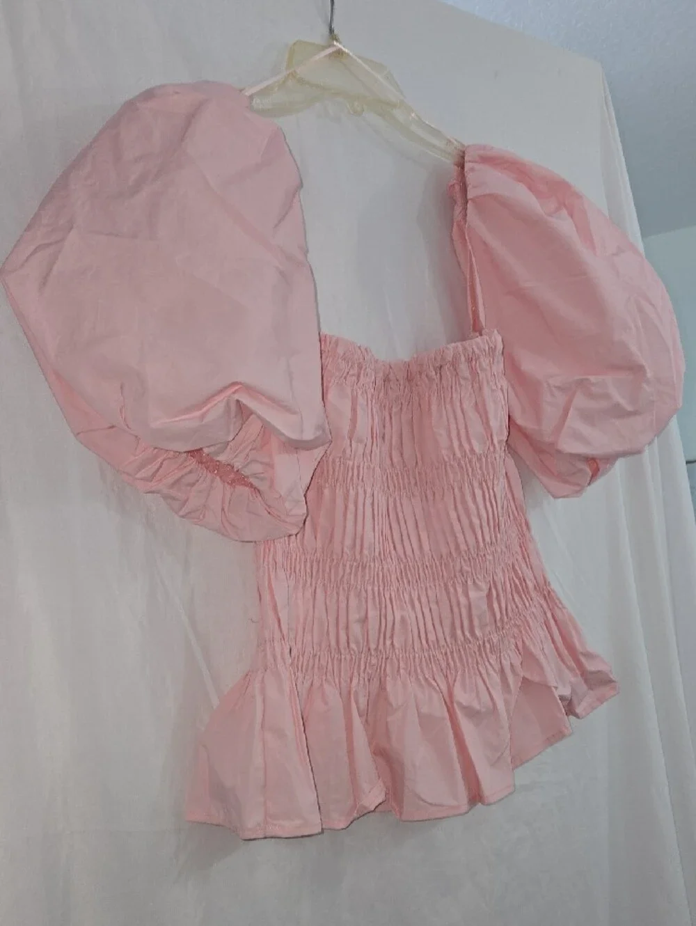 Astr Pink Smocked Peplum Puff-Sleeve Blouse